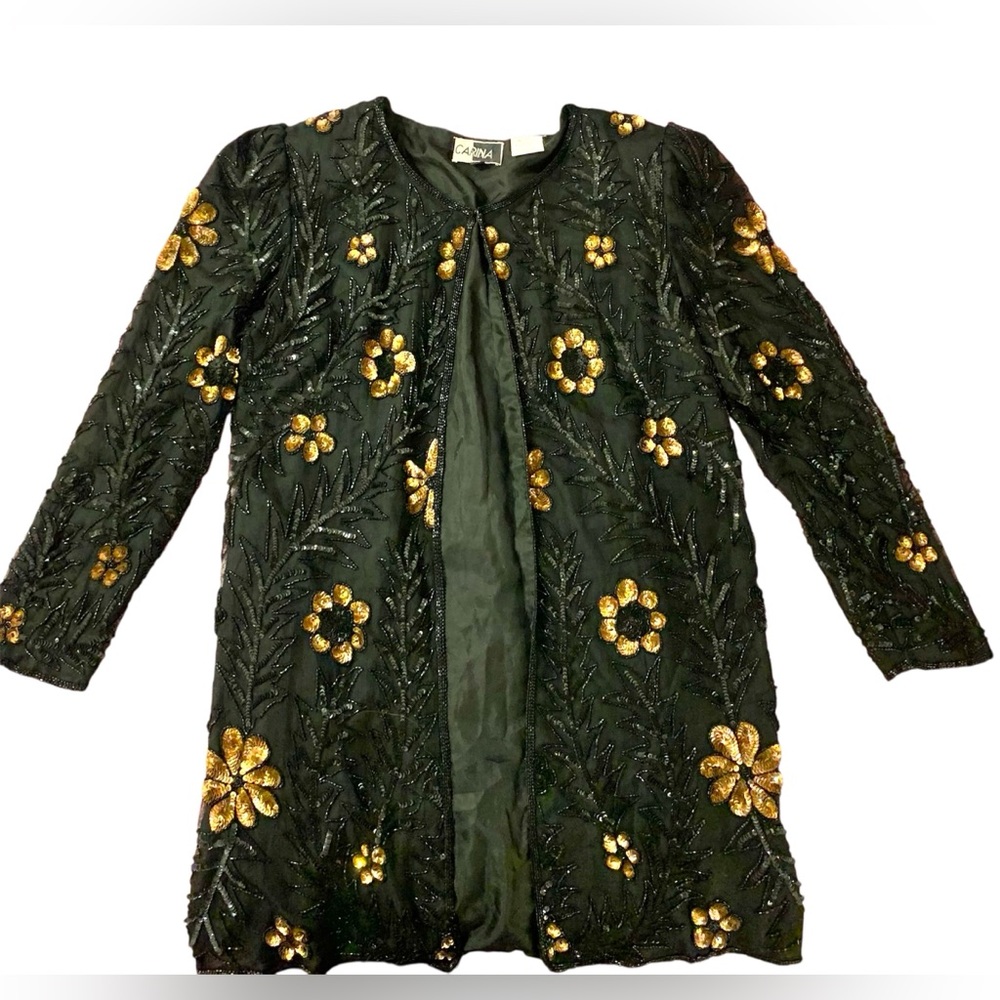 Carina VTG Women’s Gold Sequin 100% Silk Jacket Sz M Holiday Party Flowers Black